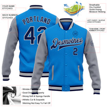 Load image into Gallery viewer, Custom Powder Blue Navy-Gray Bomber Full-Snap Varsity Letterman Two Tone Jacket
