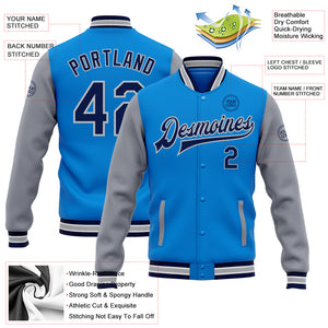 Custom Powder Blue Navy-Gray Bomber Full-Snap Varsity Letterman Two Tone Jacket