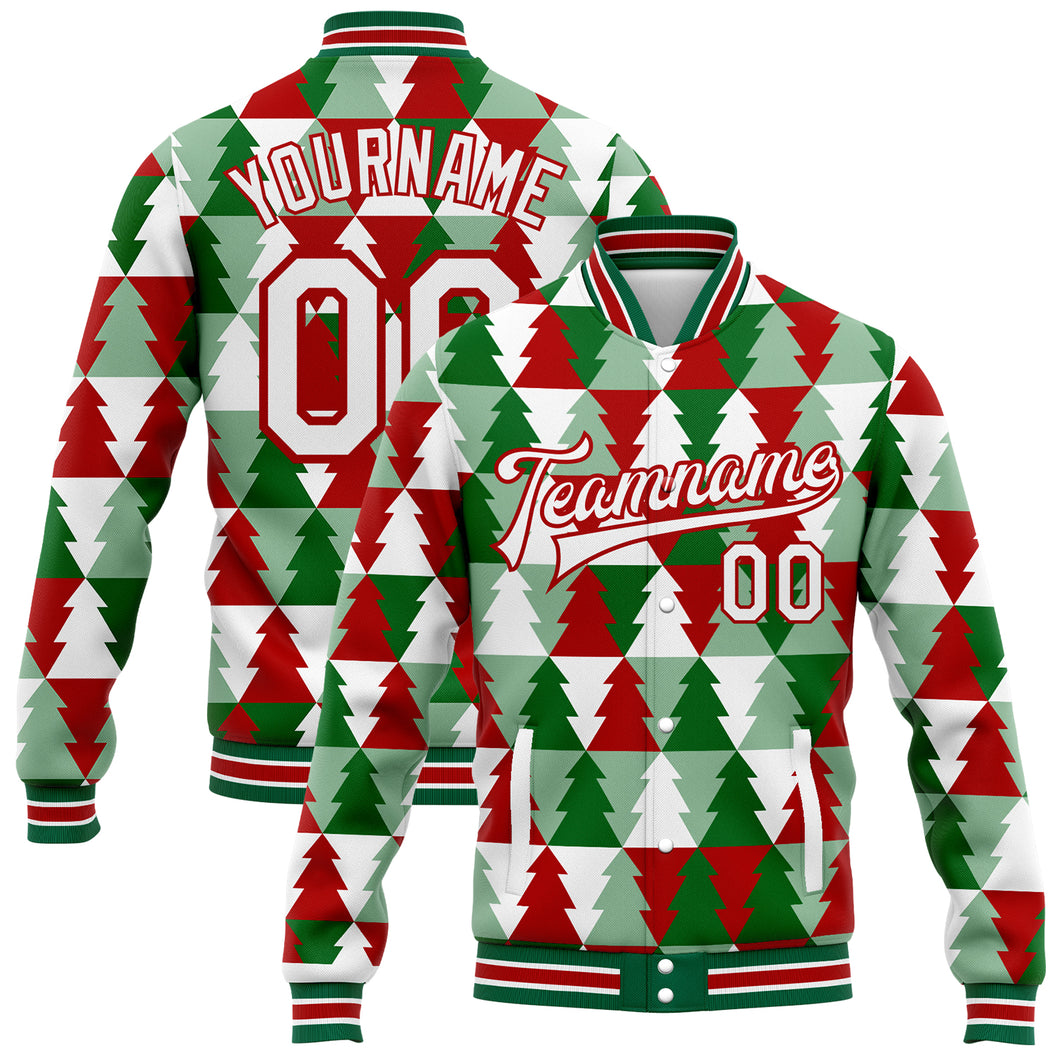 Custom Kelly Green White-Red Christmas Tree 3D Bomber Full-Snap Varsity Letterman Jacket