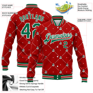 Custom Red Kelly Green-White Christmas Dog Wearing Santa Claus Costume 3D Bomber Full-Snap Varsity Letterman Jacket