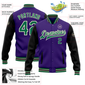 Custom Purple Kelly Green Black-Cream Bomber Full-Snap Varsity Letterman Two Tone Jacket