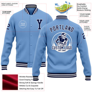 Custom Light Blue Navy-White Bomber Full-Snap Varsity Letterman Jacket