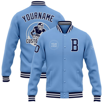 Custom Light Blue Navy-White Bomber Full-Snap Varsity Letterman Jacket