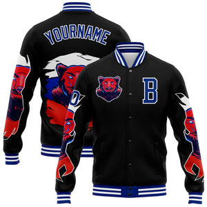 Custom Black Royal-White Bear 3D Pattern Design Bomber Full-Snap Varsity Letterman Jacket