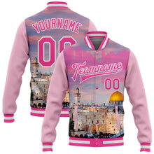 Load image into Gallery viewer, Custom Pink Light Pink-White The Dome Of The Rock Jerusalem Israel City Edition 3D Bomber Full-Snap Varsity Letterman Jacket
