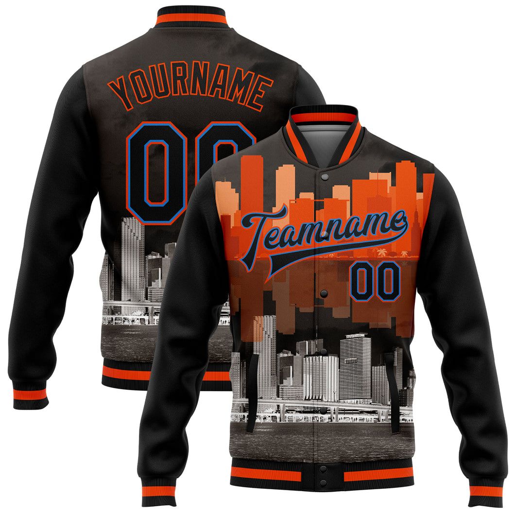 Custom Black Powder Blue-Orange Miami Florida City Edition 3D Bomber Full-Snap Varsity Letterman Jacket