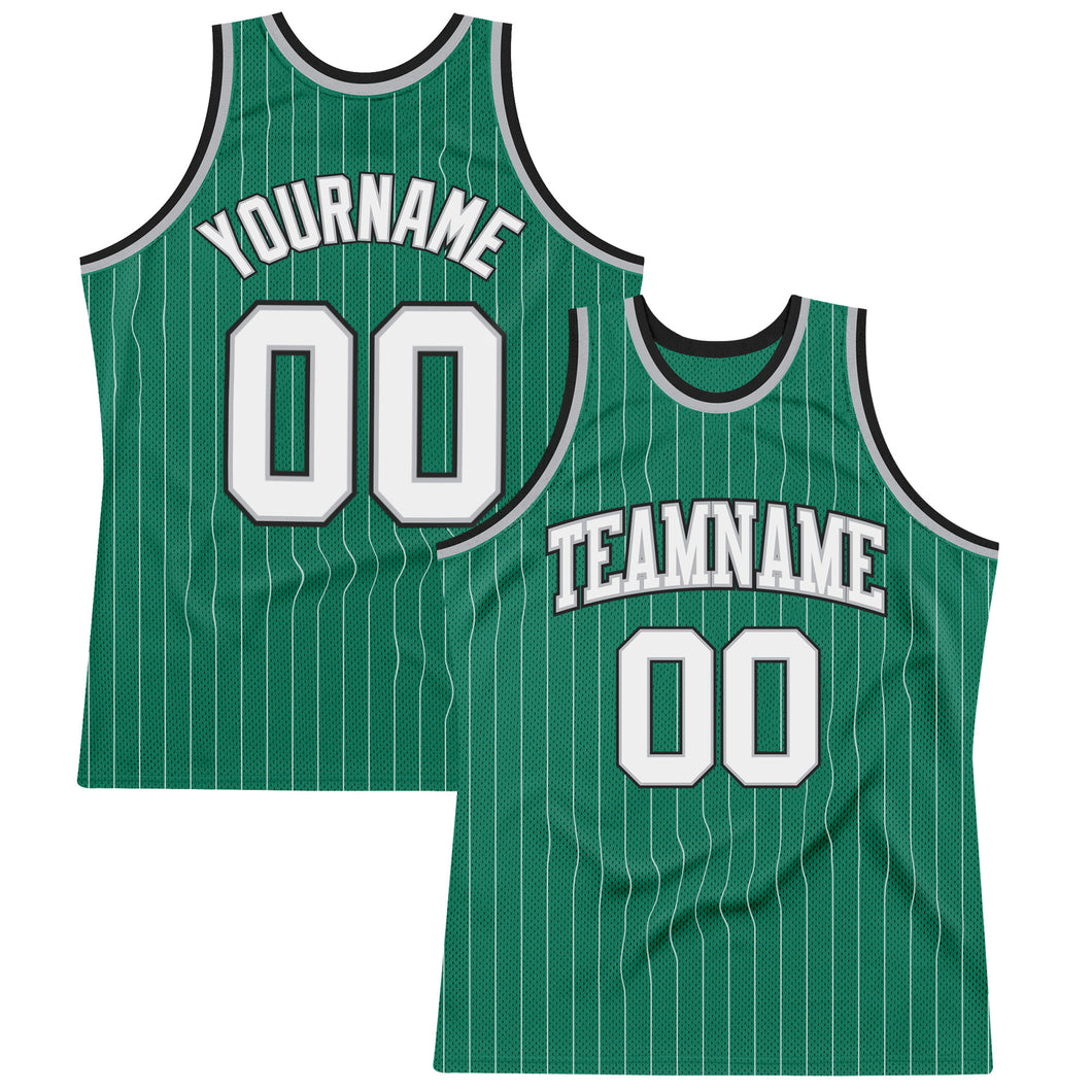 Custom Kelly Green White Pinstripe White Gray-Black Authentic Basketball Jersey