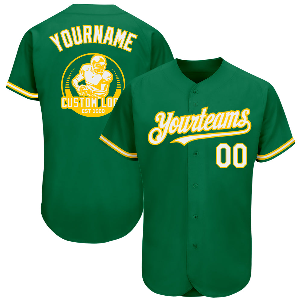 Custom Kelly Green White-Yellow Authentic Baseball Jersey