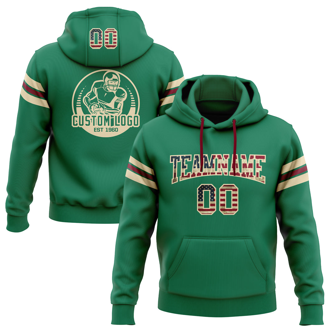 Custom Stitched Kelly Green Vintage USA Flag City Cream-Crimson Football Pullover Sweatshirt Hoodie