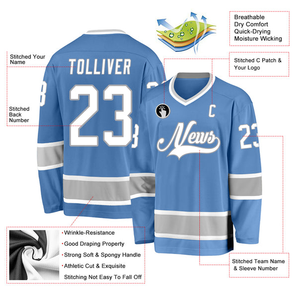 Custom Hockey Jersey Gray Light Blue-White