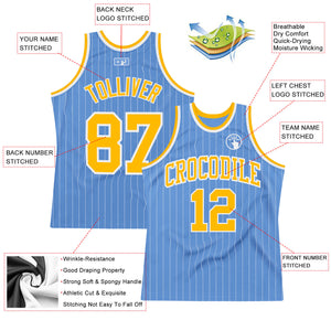 Custom Light Blue White Pinstripe Gold Authentic Basketball Jersey