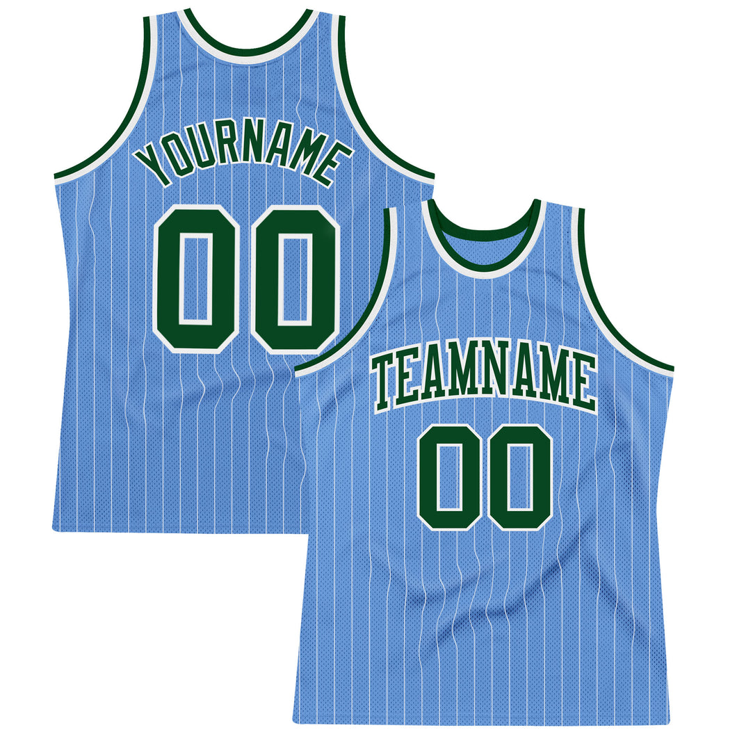 Custom Light Blue White Pinstripe Green Authentic Basketball Jersey