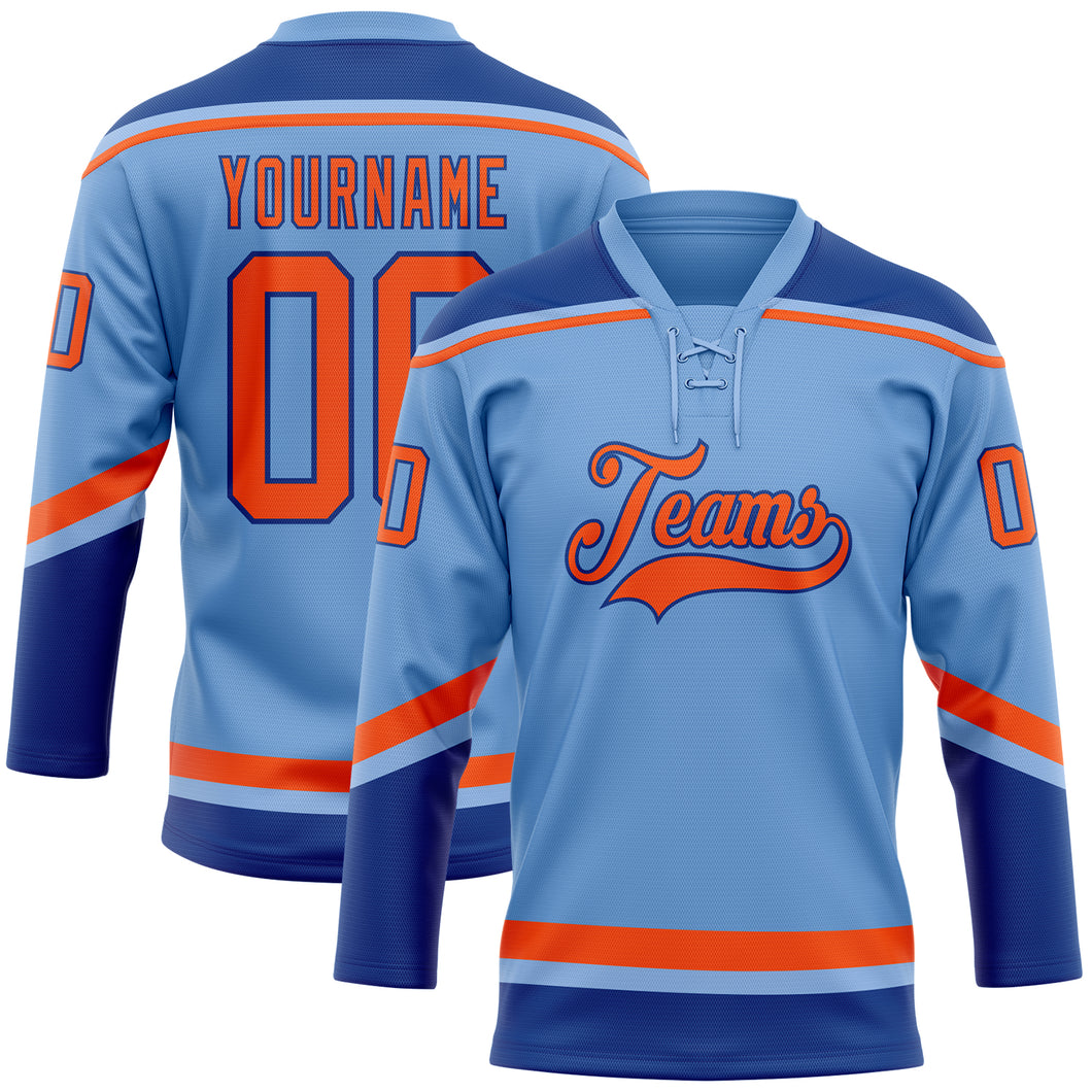 Custom Light Blue Orange-Royal Hockey Lace Neck Jersey