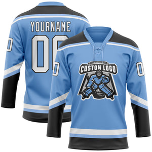 Custom Light Blue White-Black Hockey Lace Neck Jersey