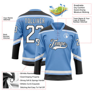 Custom Light Blue White-Black Hockey Lace Neck Jersey