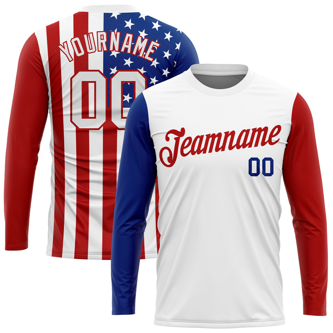 Custom White White Red-Royal American Flag Fashion 3D Long Sleeve Performance T-Shirt