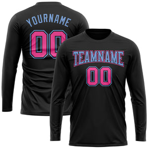 Custom Black Pink-Light Blue Long Sleeve Performance T-Shirt