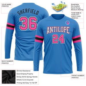 Custom Powder Blue Pink Black-White Long Sleeve Performance T-Shirt