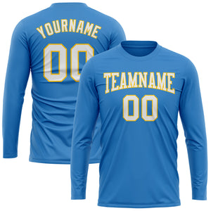 Custom Powder Blue White Gold Long Sleeve Performance T-Shirt