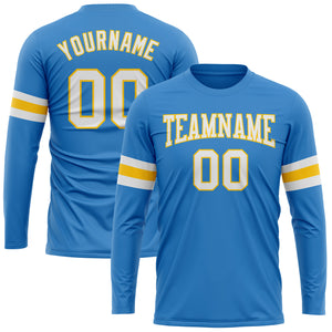 Custom Powder Blue White Gold Long Sleeve Performance T-Shirt