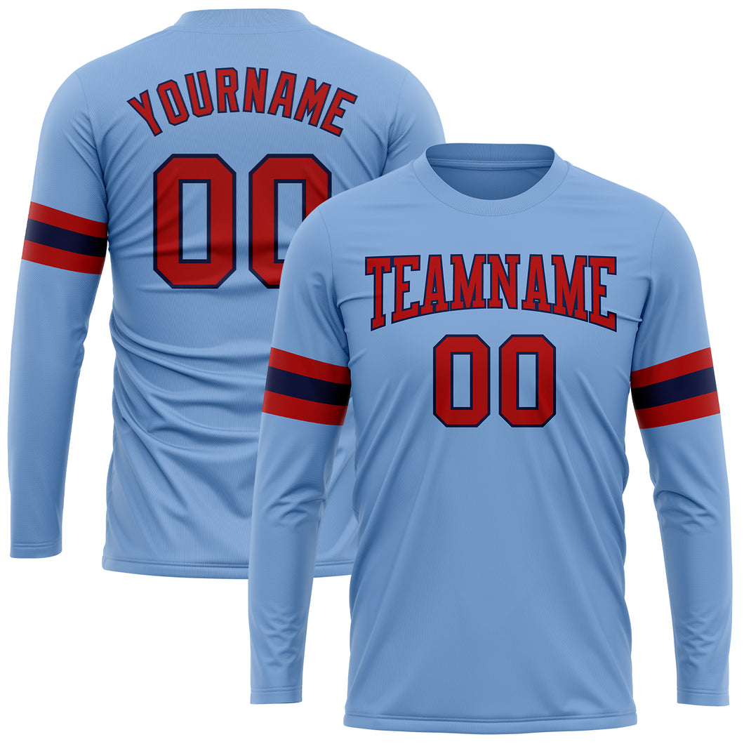 Custom Light Blue Red-Navy Long Sleeve Performance T-Shirt