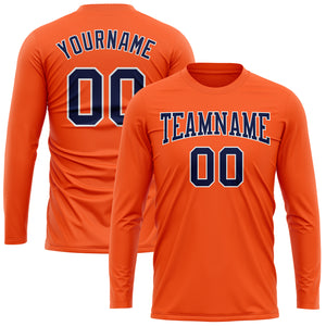 Custom Orange Navy-White Long Sleeve Performance T-Shirt