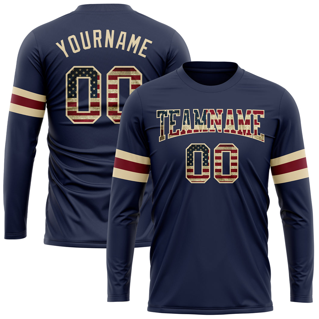 Custom Navy Vintage USA Flag Cream-Crimson Long Sleeve Performance Salute To Service T-Shirt