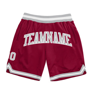 Custom Maroon Gray-White Authentic Throwback Basketball Shorts