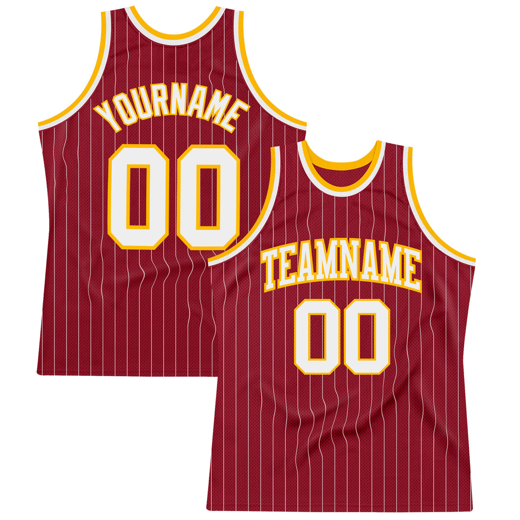 Custom Maroon White Pinstripe White-Gold Authentic Basketball Jersey