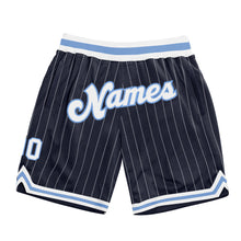 Load image into Gallery viewer, Custom Navy White Pinstripe White-Light Blue Authentic Basketball Shorts
