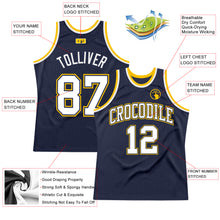 Load image into Gallery viewer, Custom Navy White-Gold Authentic Throwback Basketball Jersey
