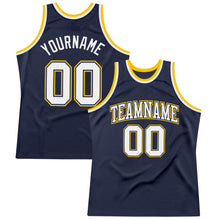 Load image into Gallery viewer, Custom Navy White-Gold Authentic Throwback Basketball Jersey
