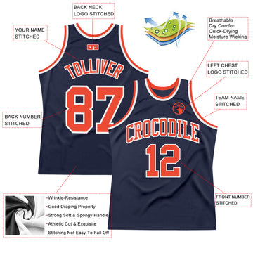 Custom Navy Orange-White Authentic Throwback Basketball Jersey