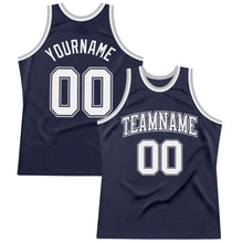 Load image into Gallery viewer, Custom Navy White Navy-Gray Authentic Throwback Basketball Jersey
