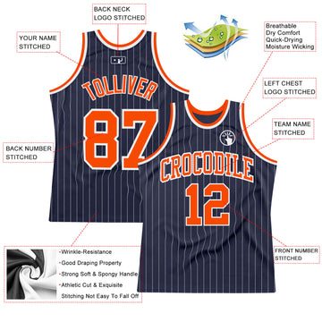 Custom Navy White Pinstripe Orange Authentic Basketball Jersey