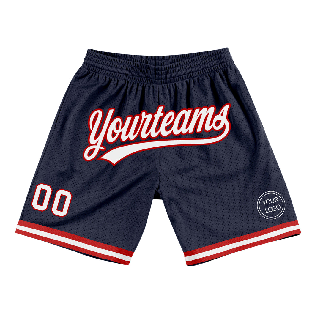 Custom Navy White-Red Authentic Throwback Basketball Shorts