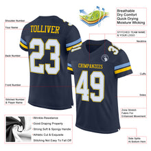 Load image into Gallery viewer, Custom Navy White Light Blue-Yellow Mesh Authentic Football Jersey
