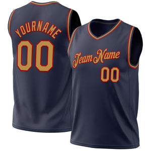 Custom Navy Old Gold-Red Authentic Throwback Basketball Jersey