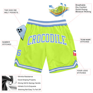 Custom Neon Green Light Blue-White Authentic Throwback Basketball Shorts