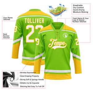 Custom Neon Green White-Yellow Hockey Lace Neck Jersey