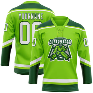 Custom Neon Green White-Green Hockey Lace Neck Jersey