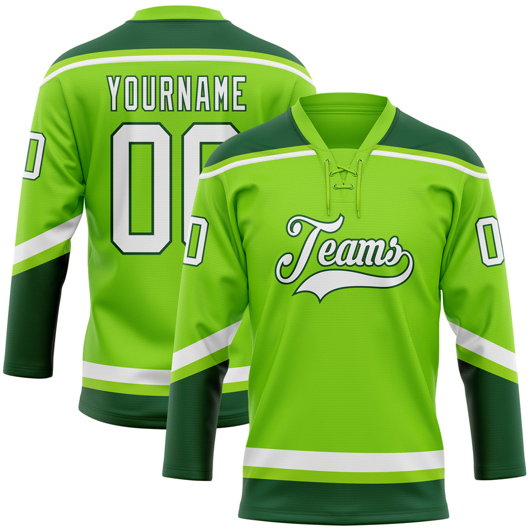 Custom Neon Green White-Green Hockey Lace Neck Jersey