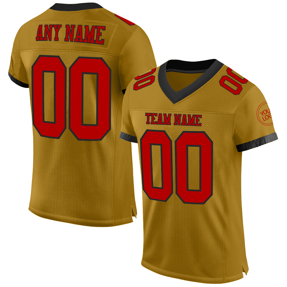 Custom Old Gold Red-Black Mesh Authentic Football Jersey