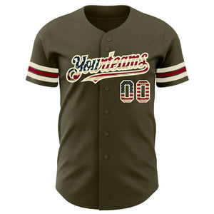 Custom Olive Vintage USA Flag Cream-Crimson Authentic Salute To Service Baseball Jersey