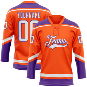 Custom Orange White-Purple Hockey Lace Neck Jersey