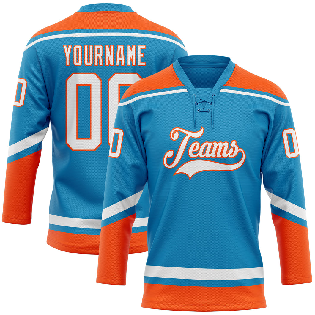 Custom Panther Blue White-Orange Hockey Lace Neck Jersey