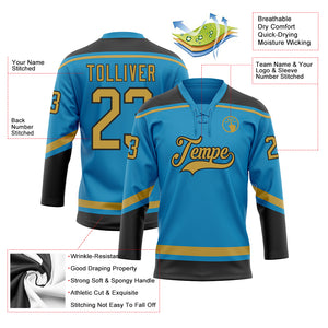 Custom Panther Blue Old Gold-Black Hockey Lace Neck Jersey