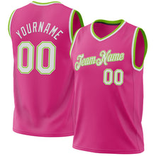 Load image into Gallery viewer, Custom Pink White-Neon Green Authentic Throwback Basketball Jersey
