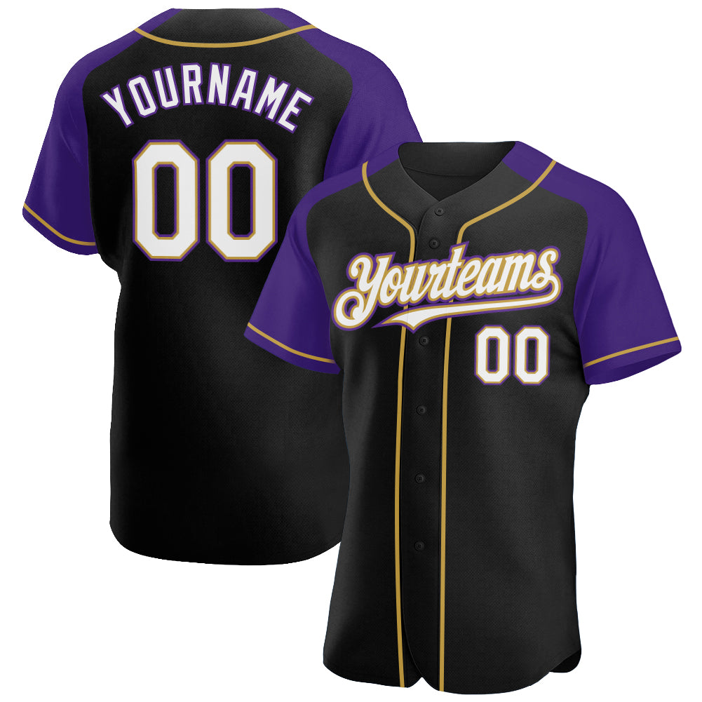 Custom Baseball Jersey White Purple Pinstripe Purple-Gold Authentic Raglan Sleeves Men's Size:XL