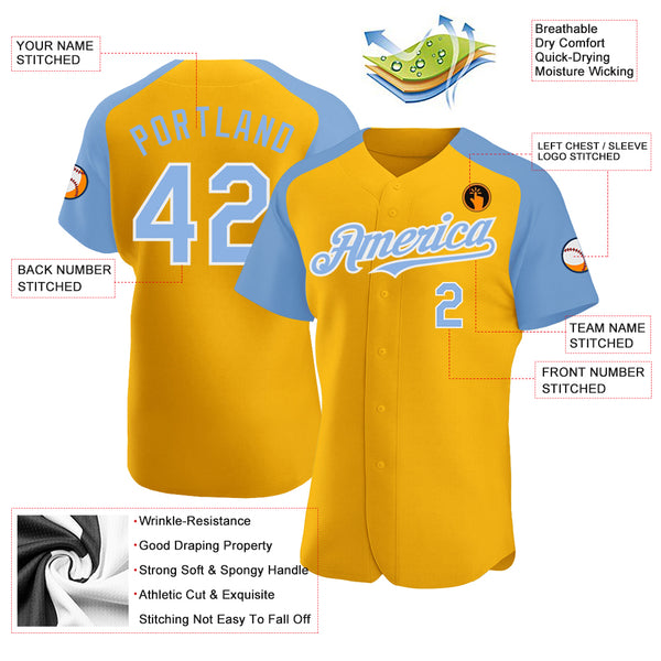 Custom Gold White-Light Blue Authentic Two Tone Baseball Jersey Discount